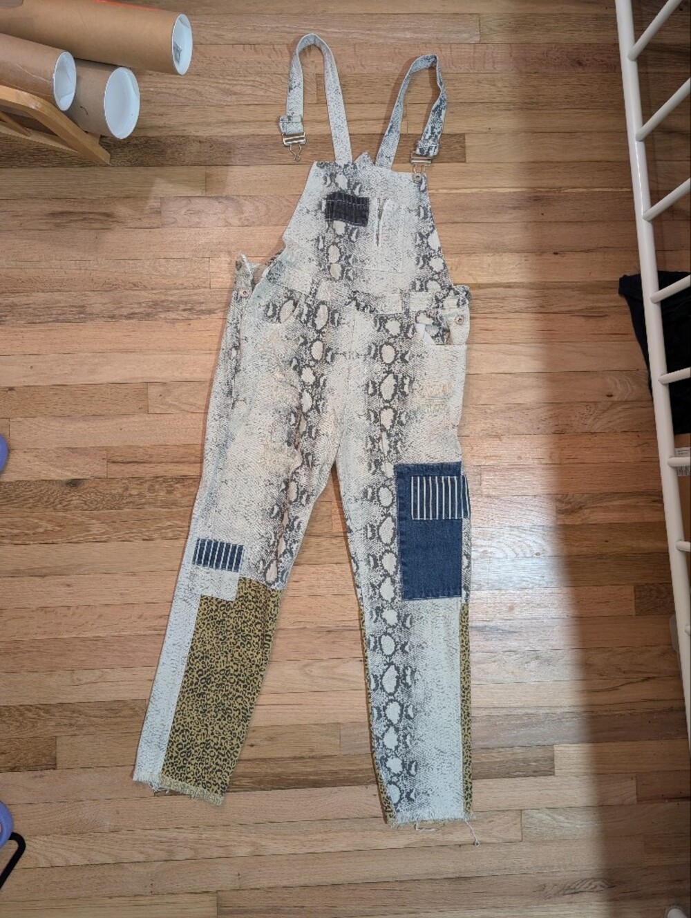 Women’s Snake-Print Patchwork Overalls - Neutral Tones